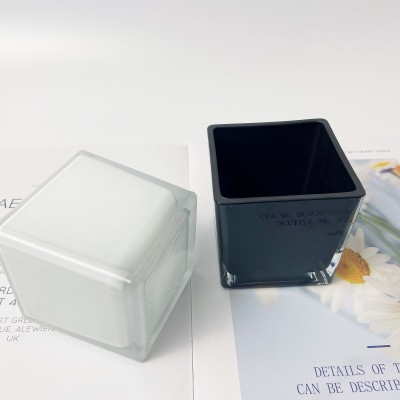 Wholesale Custom Empty Glossy White Black Glass Square Candle Vessel Jar with Lid
