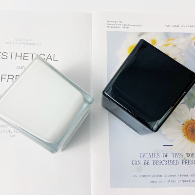 Wholesale Custom Empty Glossy White Black Glass Square Candle Vessel Jar with Lid