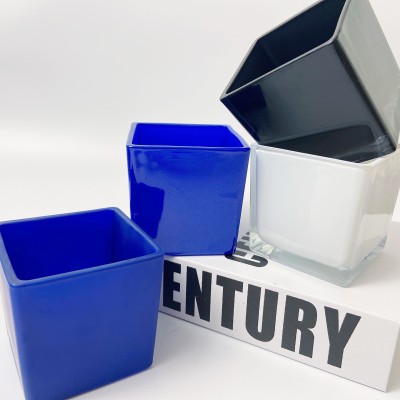 Wholesale 8*8cm Square Container Crane Blue Empty Cube Glass Candle Jars With Wooden Lids for Candle Making