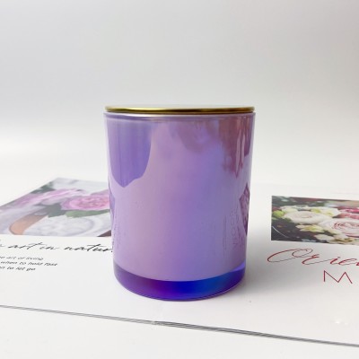 Wholesale Unique Candle Jars Luxury Shiny Iridescent Glass Candle Jars for Luxury Candles With Wooden Lid