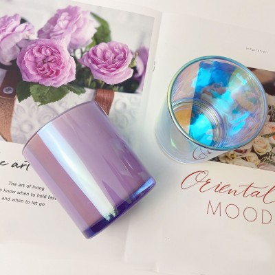 Wholesale Unique Candle Jars Luxury Shiny Iridescent Glass Candle Jars for Luxury Candles With Wooden Lid