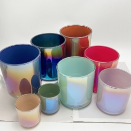 Stock 8OZ Irresistible Rainbow Shiny Short Wide Glass Candle Jar Stock 8OZ Empty Iridescent Candle Jar Home Decoration Easter