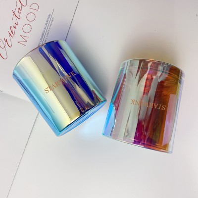 Wholesale Unique Candle Jars Luxury Shiny Iridescent Glass Candle Jars for Luxury Candles With Wooden Lid