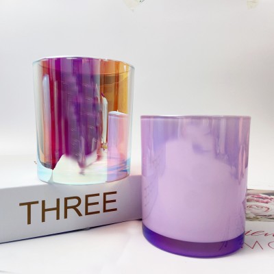Wholesale Unique Candle Jars Luxury Shiny Iridescent Glass Candle Jars for Luxury Candles With Wooden Lid