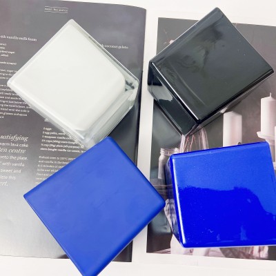 Wholesale 8*8cm Square Container Crane Blue Empty Cube Glass Candle Jars With Wooden Lids for Candle Making