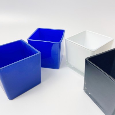 Wholesale 8*8cm Square Container Crane Blue Empty Cube Glass Candle Jars With Wooden Lids for Candle Making