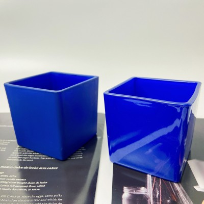 Wholesale 8*8cm Square Container Crane Blue Empty Cube Glass Candle Jars With Wooden Lids for Candle Making