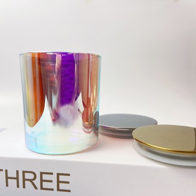 Luxury 16oz Big Size Iridescent Candle Jars  for Candle Custom Glass Candle Holder With Metal Lids