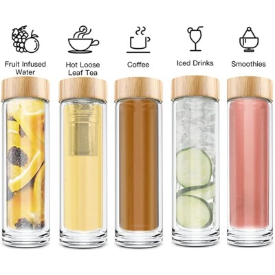 7003 Double Wall Insulated Premium High Borosilicate Glass Tea Infuser Fruit Water Bottle With Leak Proof Bamboo Lid