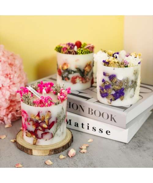 Romantic Rose Dried Flowers Cylinder Aromatherapy Luxury Soy Wax Scented Candle with Dry Flower