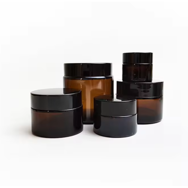 1oz 15g 30g 50g 100g Cosmetic Empty Around Shape White Green Amber Glass Cream Jar Face Cream Container with Black Lid