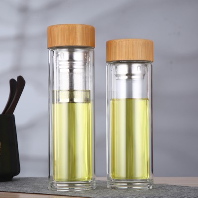 7003 Double Wall Insulated Premium High Borosilicate Glass Tea Infuser Fruit Water Bottle With Leak Proof Bamboo Lid