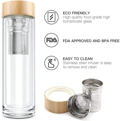 7003 Double Wall Insulated Premium High Borosilicate Glass Tea Infuser Fruit Water Bottle With Leak Proof Bamboo Lid