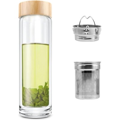 7003 Double Wall Insulated Premium High Borosilicate Glass Tea Infuser Fruit Water Bottle With Leak Proof Bamboo Lid