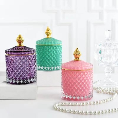 Modern Luxury Empty White Embossed Crystal  Glass Candle Jars Candle Containers Vessel With Lid for Candle Making