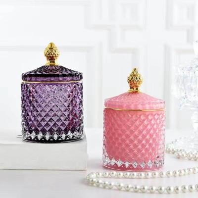 Modern Luxury Empty White Embossed Crystal  Glass Candle Jars Candle Containers Vessel With Lid for Candle Making