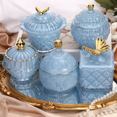 Luxury Simple Crystal Blue Fragrance Cosmetic Glass Brush Storage Candy Bins Multifunctional Home Candles Fragrance Accessories